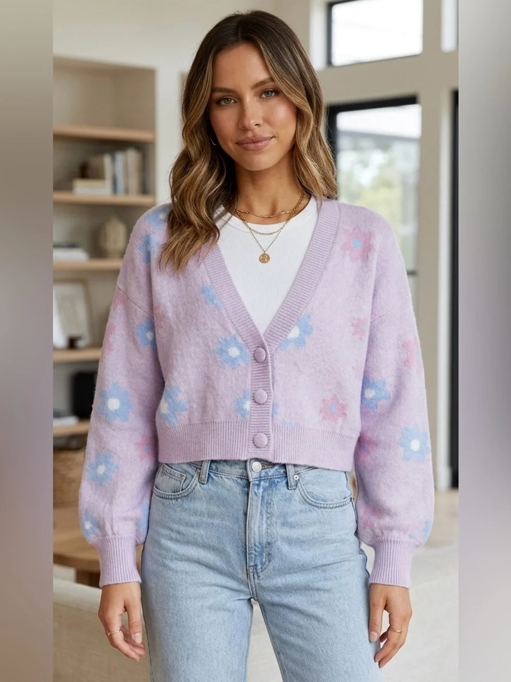 For Love & Lemons Lavender Floral Cropped Cardigan -‎ Pastel Knit Sweater - XS